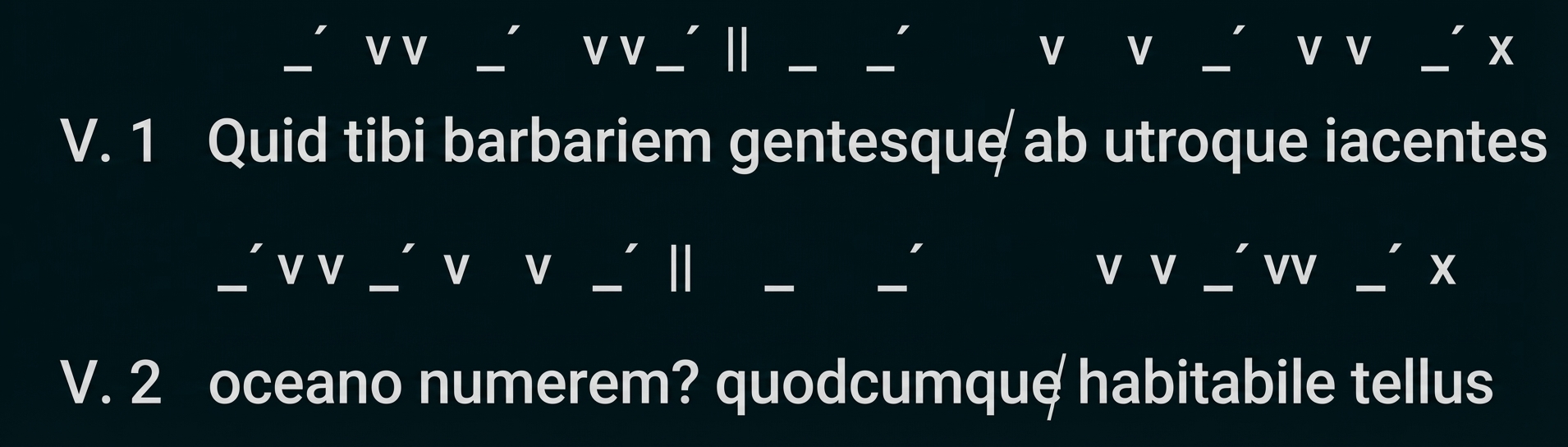 Lateinischer Text mit Versnummern (V.1, V.2) und metrischen Betonungszeichen